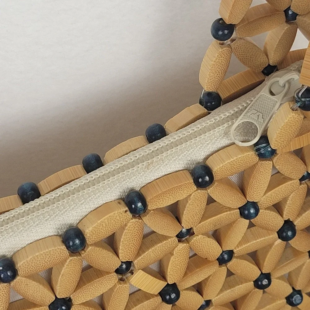 Wooden Bead Flower Purse Blue Tan Boho Crossbody Handbag